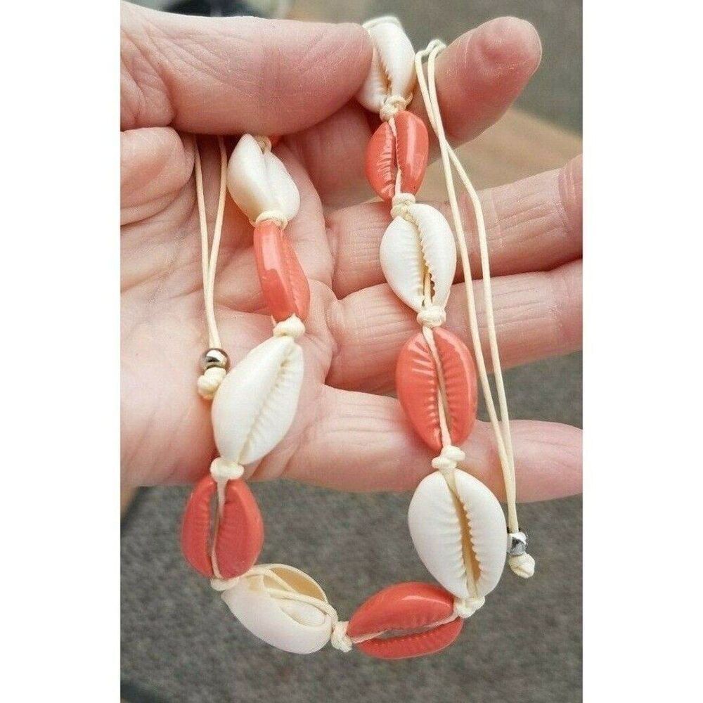 Necklace & Bracelet Set Scione Shells Slide Twine Creamy White & Coral Pink - Picture 4 of 7
